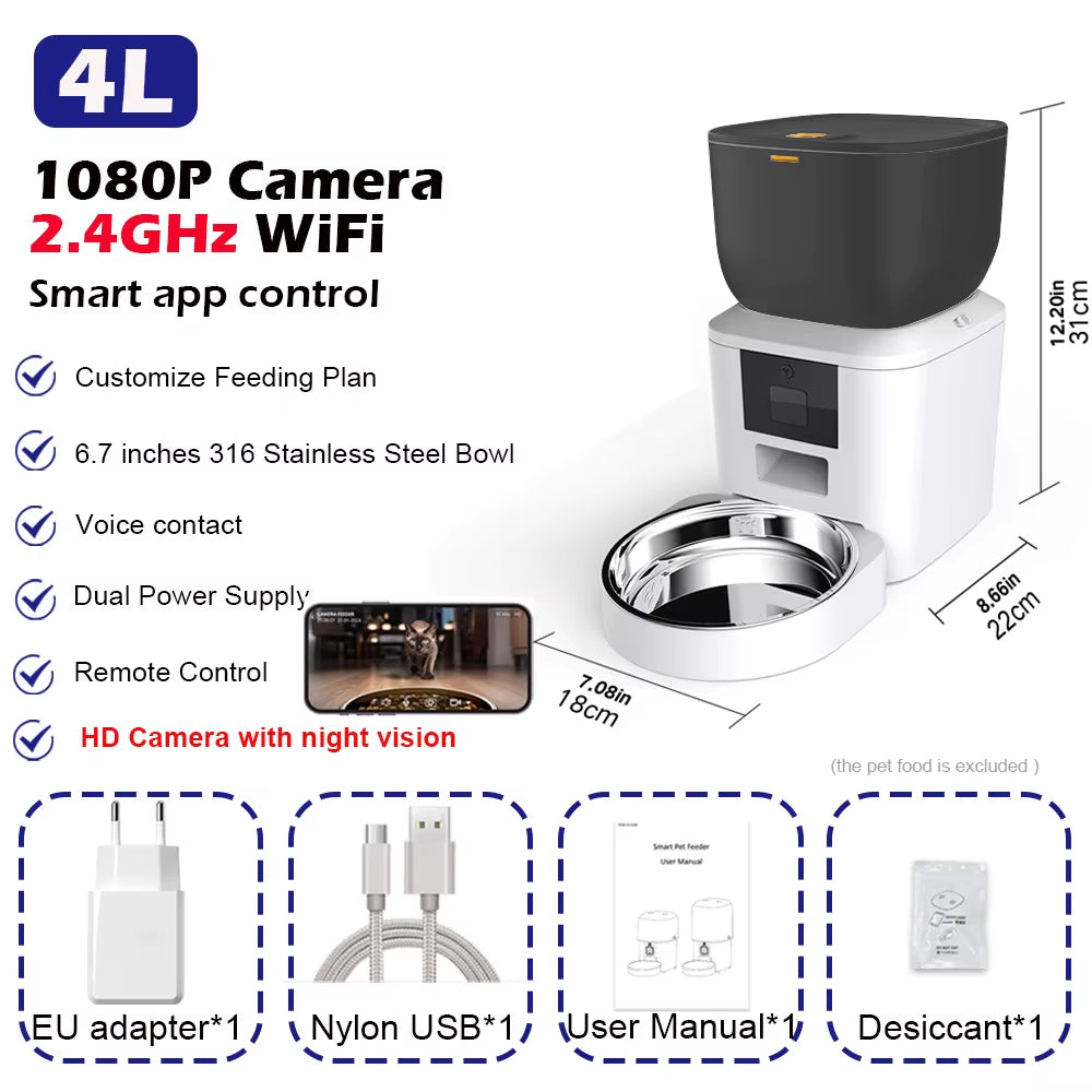 Automatic Cat Feeder with 1080P Camera Video Cat Food Dispenser Pet Smart Voice Recorder Remote Control Auto Feeder for Cat Dog
