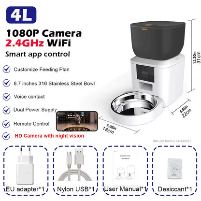 Automatic Cat Feeder with 1080P Camera Video Cat Food Dispenser Pet Smart Voice Recorder Remote Control Auto Feeder for Cat Dog