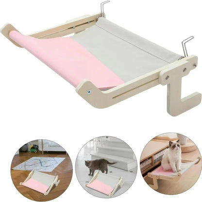 Cat Hammock with Pet Window, Cat Hanging Hammock with Detachable Balcony, Wooden Stand, Indoor Turndown Bed, Pet Nest