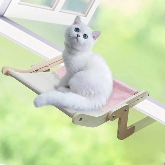 Cat Hammock with Pet Window, Cat Hanging Hammock with Detachable Balcony, Wooden Stand, Indoor Turndown Bed, Pet Nest