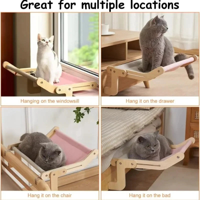 Cat Hammock with Pet Window, Cat Hanging Hammock with Detachable Balcony, Wooden Stand, Indoor Turndown Bed, Pet Nest
