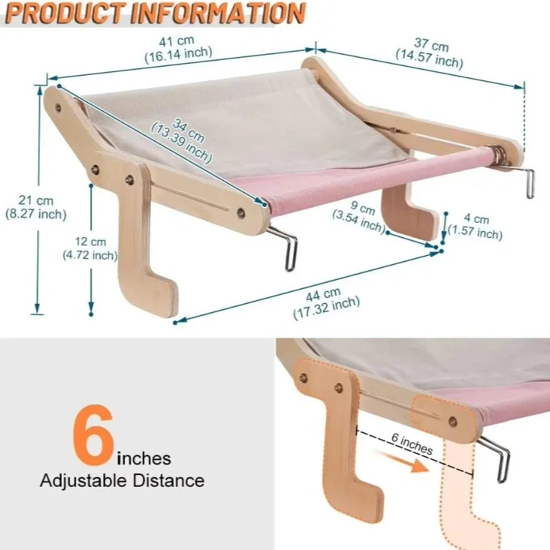 Cat Hammock with Pet Window, Cat Hanging Hammock with Detachable Balcony, Wooden Stand, Indoor Turndown Bed, Pet Nest