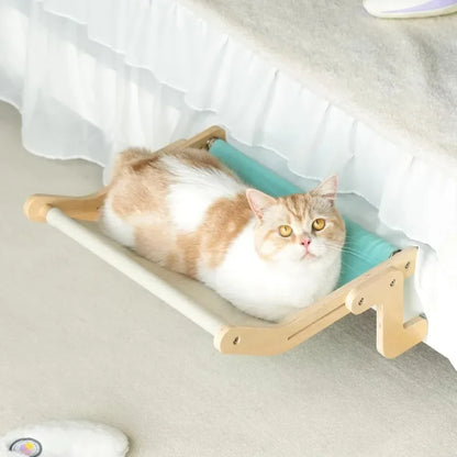 Cat Hammock with Pet Window, Cat Hanging Hammock with Detachable Balcony, Wooden Stand, Indoor Turndown Bed, Pet Nest